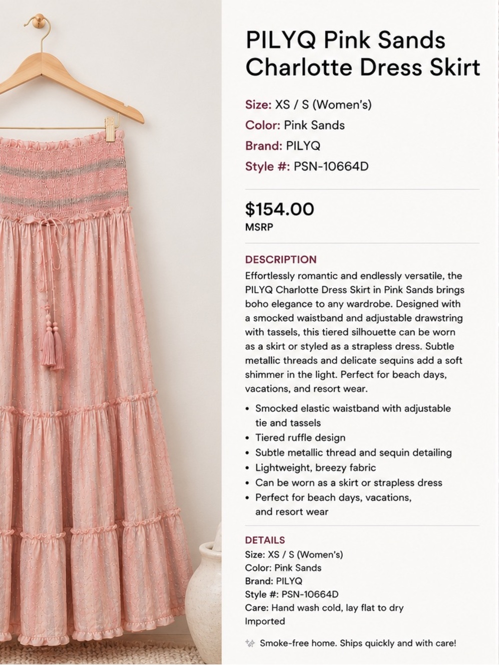 Pilyq Pink Sands Tiered Maxi Skirt with Tassel Drawstring